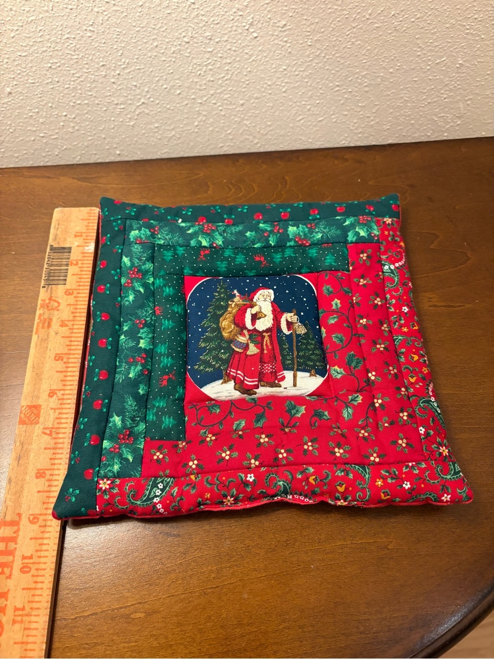 Handmade Christmas Santa Quilt Pot Holder - Red & Green